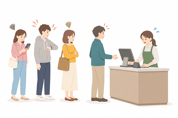 有人レジ1か所に行列が集中している様子